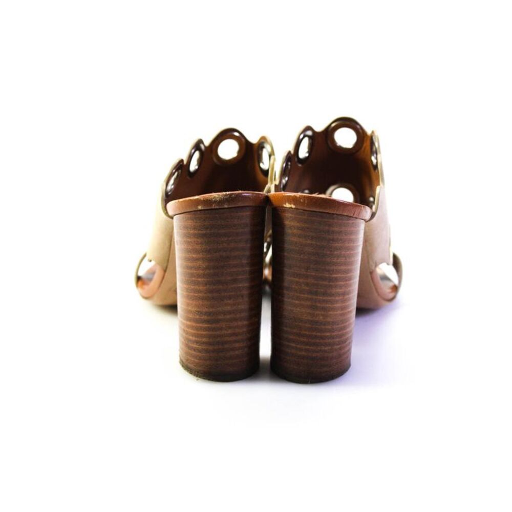 Chloe Womens Block Heel Grommet Scalloped Slide Sandals Brown Leather Size 37 - Picture 3 of 6